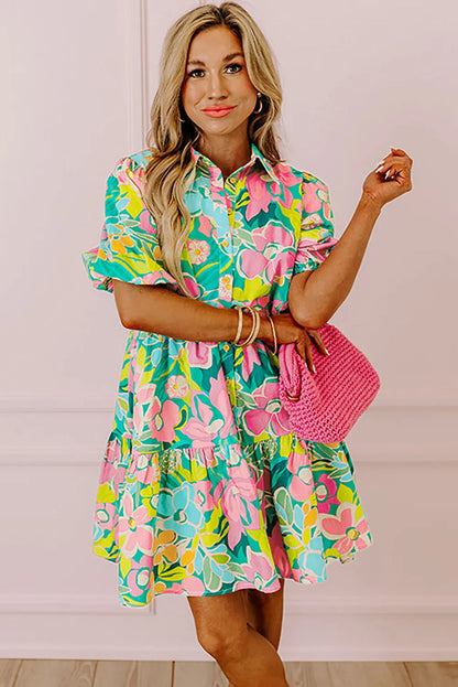 Green Floral Puff Sleeve Collar Buttoned Babydoll Dress - Chic Meadow Boutique 