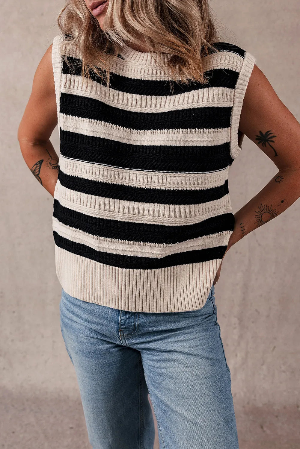 Black Stripe Ribbed Trim Knitted Sweater Vest - Chic Meadow Boutique 