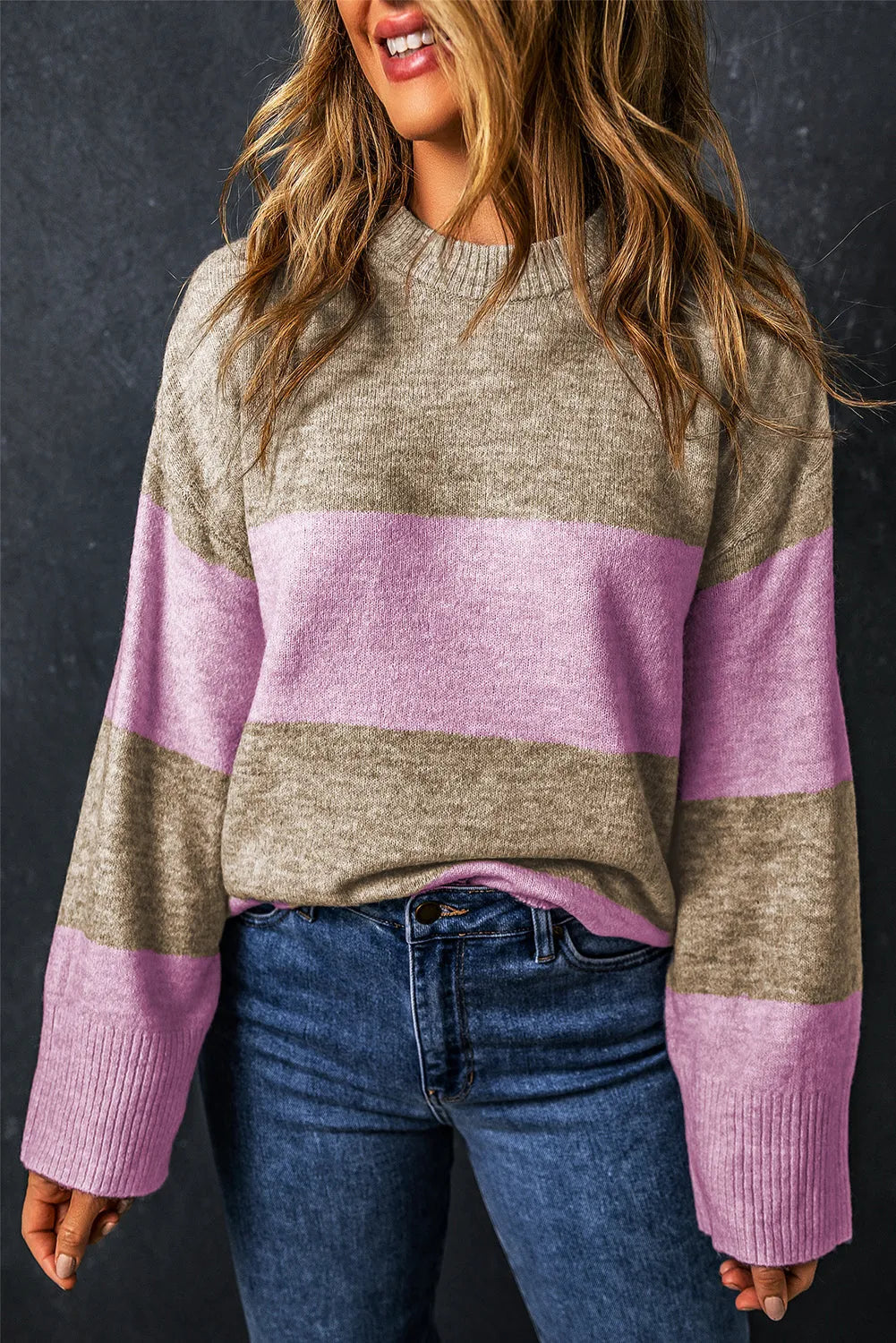 Rose Stripe Crew Neck Wide Sleeve Colorblock Sweater - Chic Meadow Boutique 