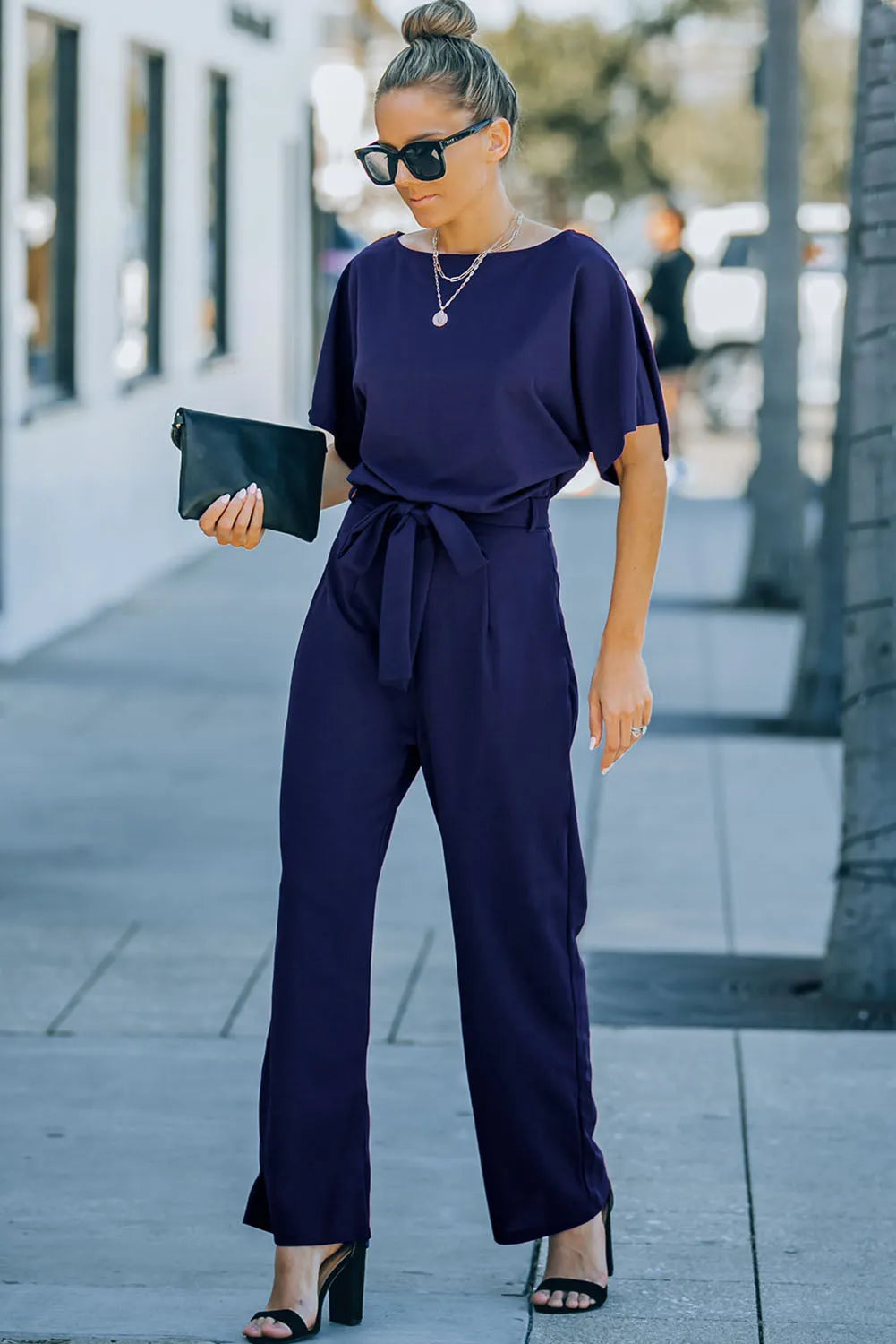 Blue Belted Wide Leg Jumpsuit - Chic Meadow Boutique 