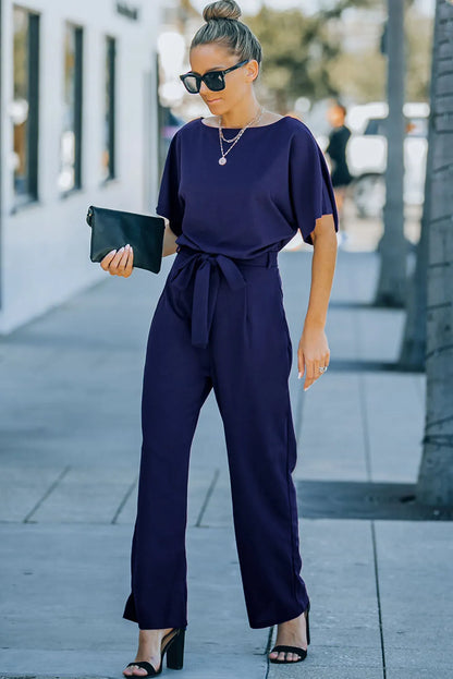 Blue Belted Wide Leg Jumpsuit - Chic Meadow Boutique 