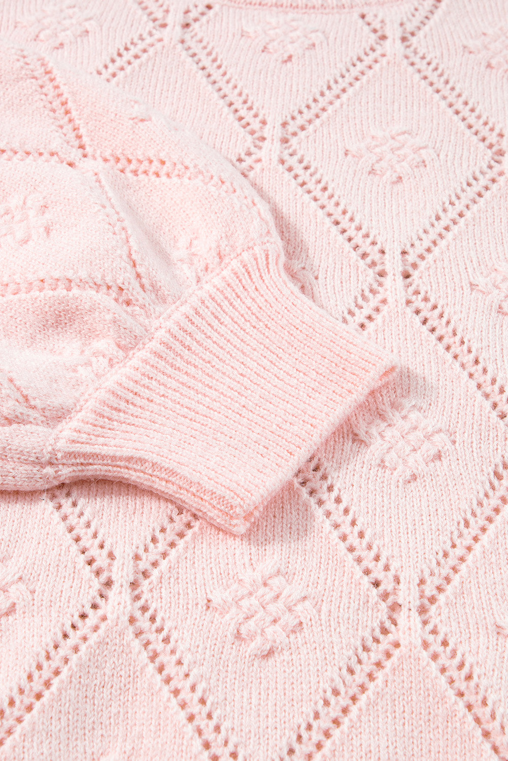 Gossamer Pink Openwork Plaid Puff Sleeve Cropped Sweater