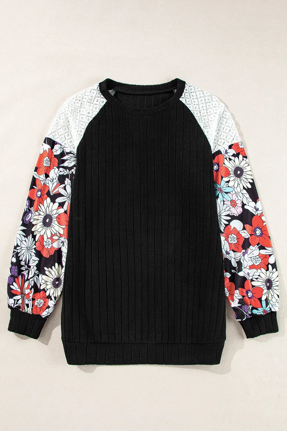 Black Floral Patchwork Long Sleeve Ribbed Blouse - Chic Meadow Boutique 