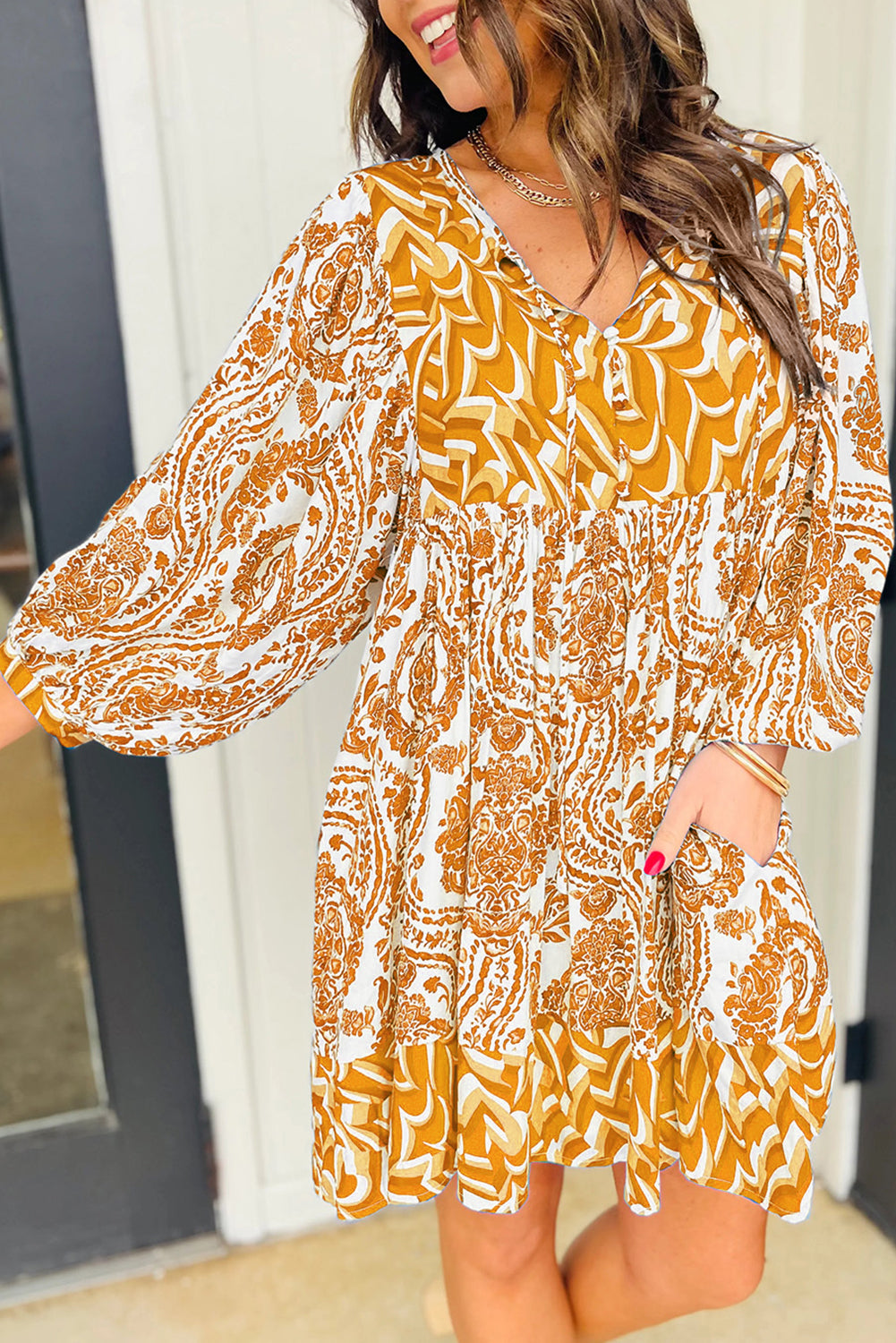 Orange Bohemian Print Puff Sleeve Tied V Neck Flared Mini Dress - Chic Meadow Boutique 