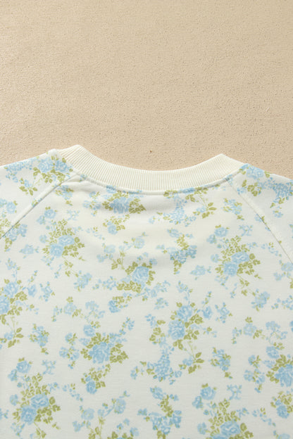 Sky Blue Floral Print Long Sleeve Top Drawstring Wide Leg Pants Set