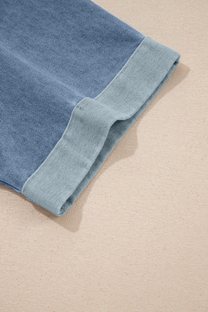 Beige Denim Color Block Patchwork Round Neck Tee