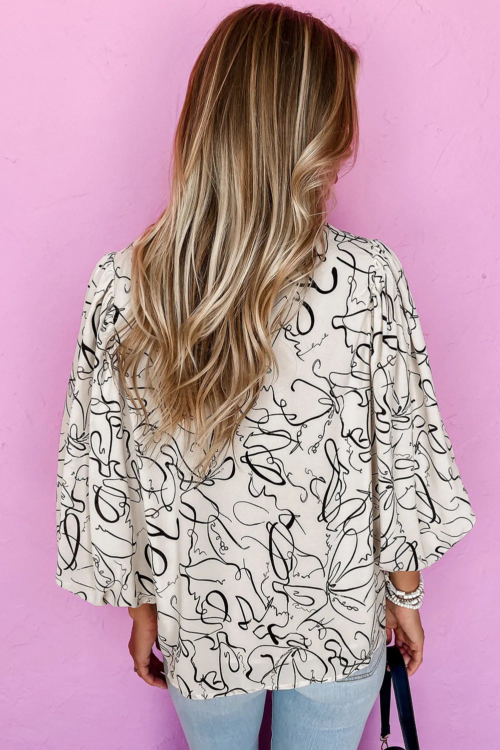 Beige Abstract Print Balloon Sleeve Crew Neck Blouse - Chic Meadow Boutique 