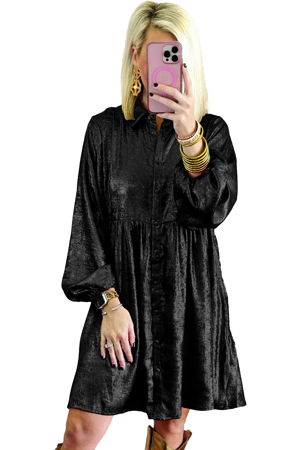 Black Metallic Sheen Puff Sleeve Button Up Mini Shirt Dress - Chic Meadow Boutique 