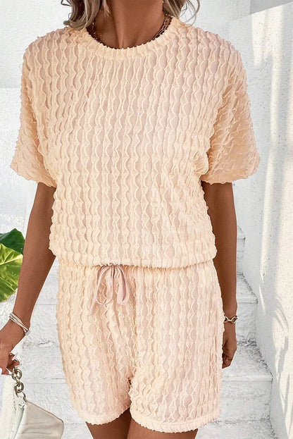 Beige Frill Textured Short Sleeve Top and Drawstring Shorts Set - Chic Meadow Boutique 