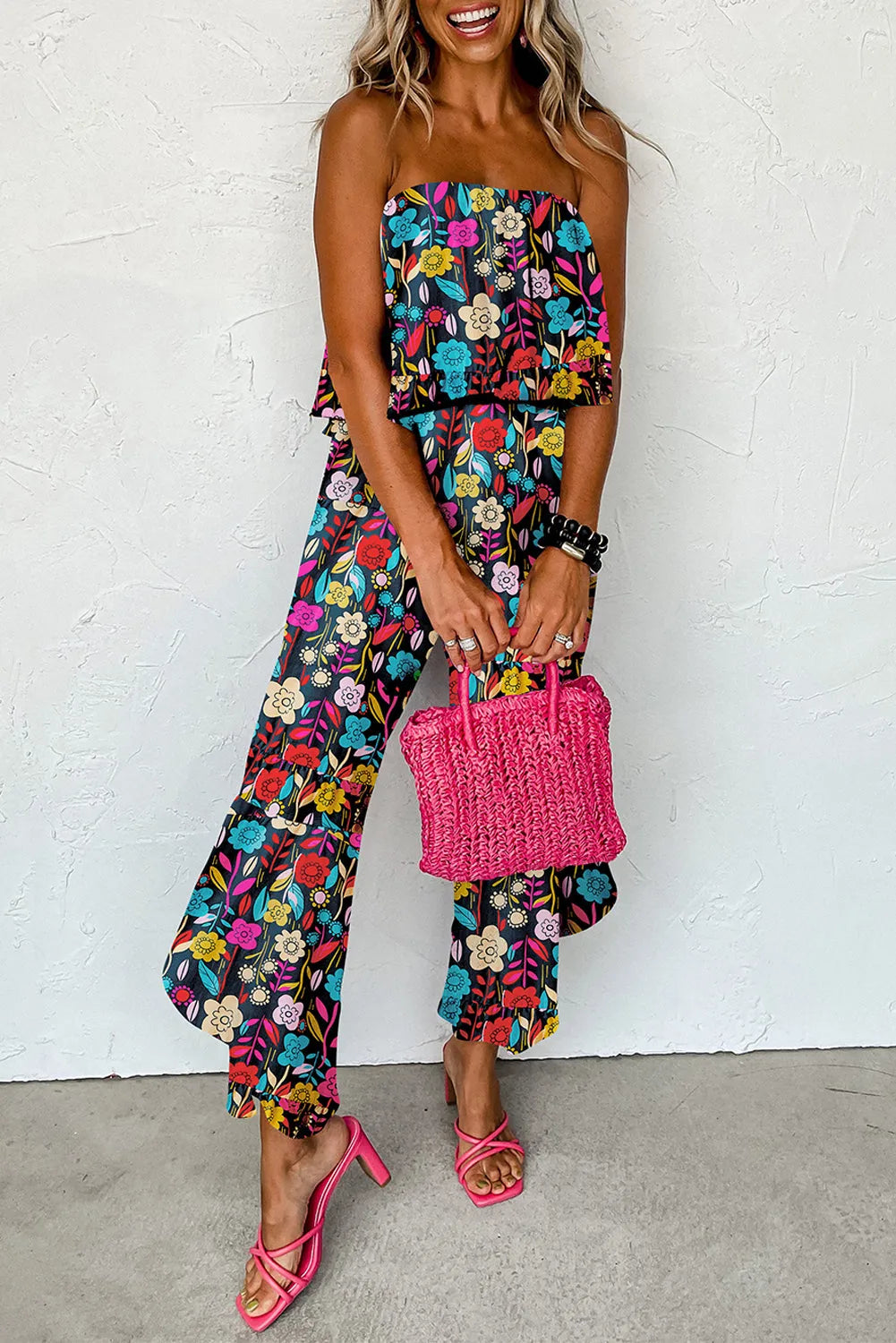 Red Mix Tropical Print Strapless Ruffled Jumpsuit - Chic Meadow Boutique 