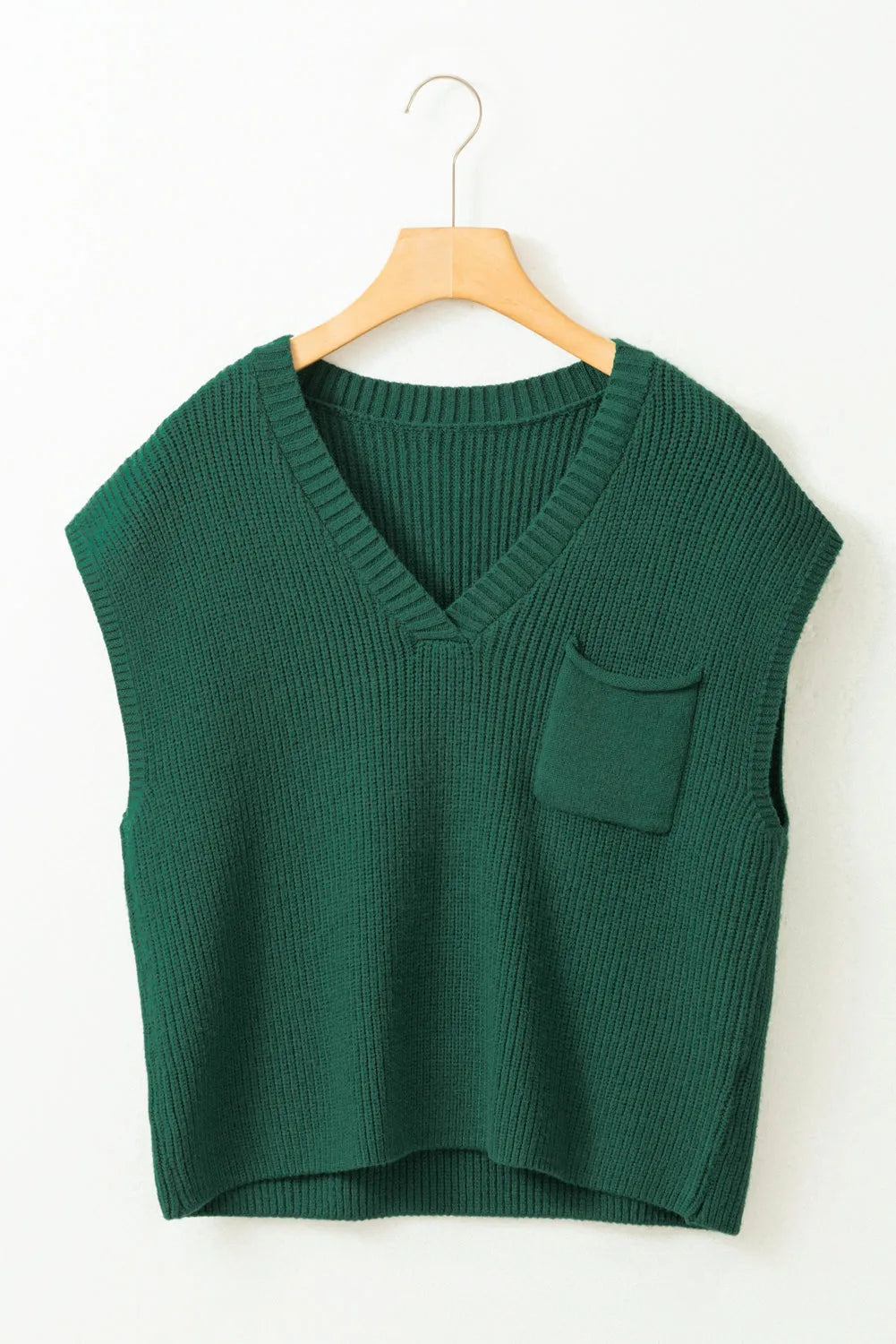 Blackish Green Chest Pocket V Neck Ribbed Cap Sleeve Sweater - Chic Meadow Boutique 