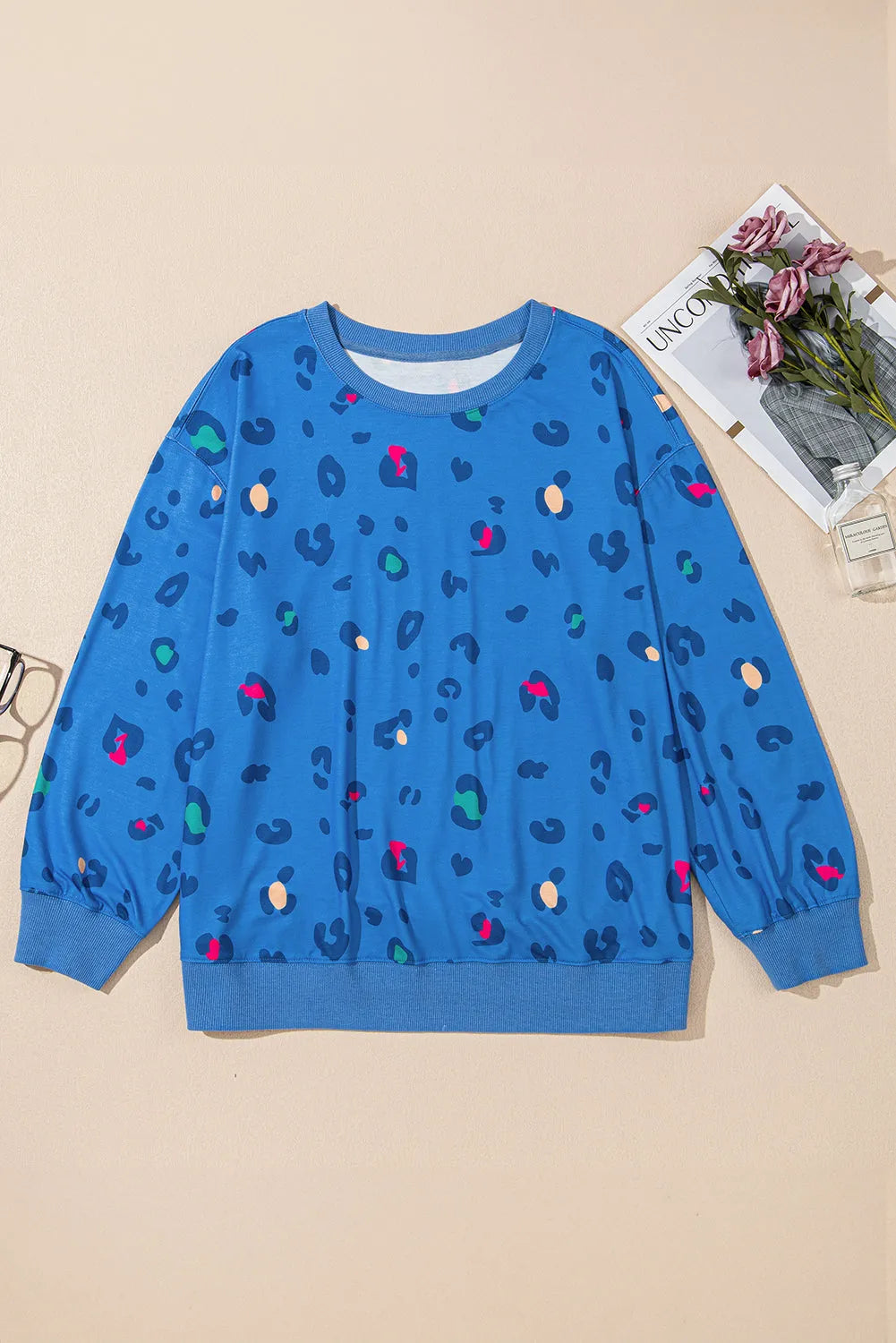 Sky Blue Leopard Ribbed Edge Drop Shoulder Pullover Sweatshirt - Chic Meadow Boutique 