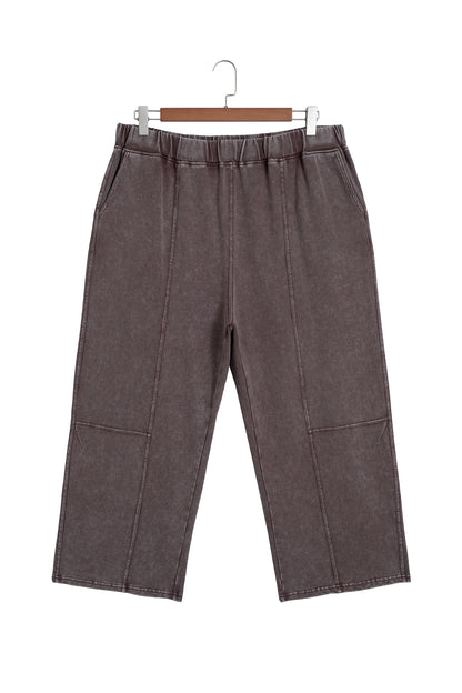 Coffee Mineral Wash Elastic Waistband Plus Size Barrel Pants