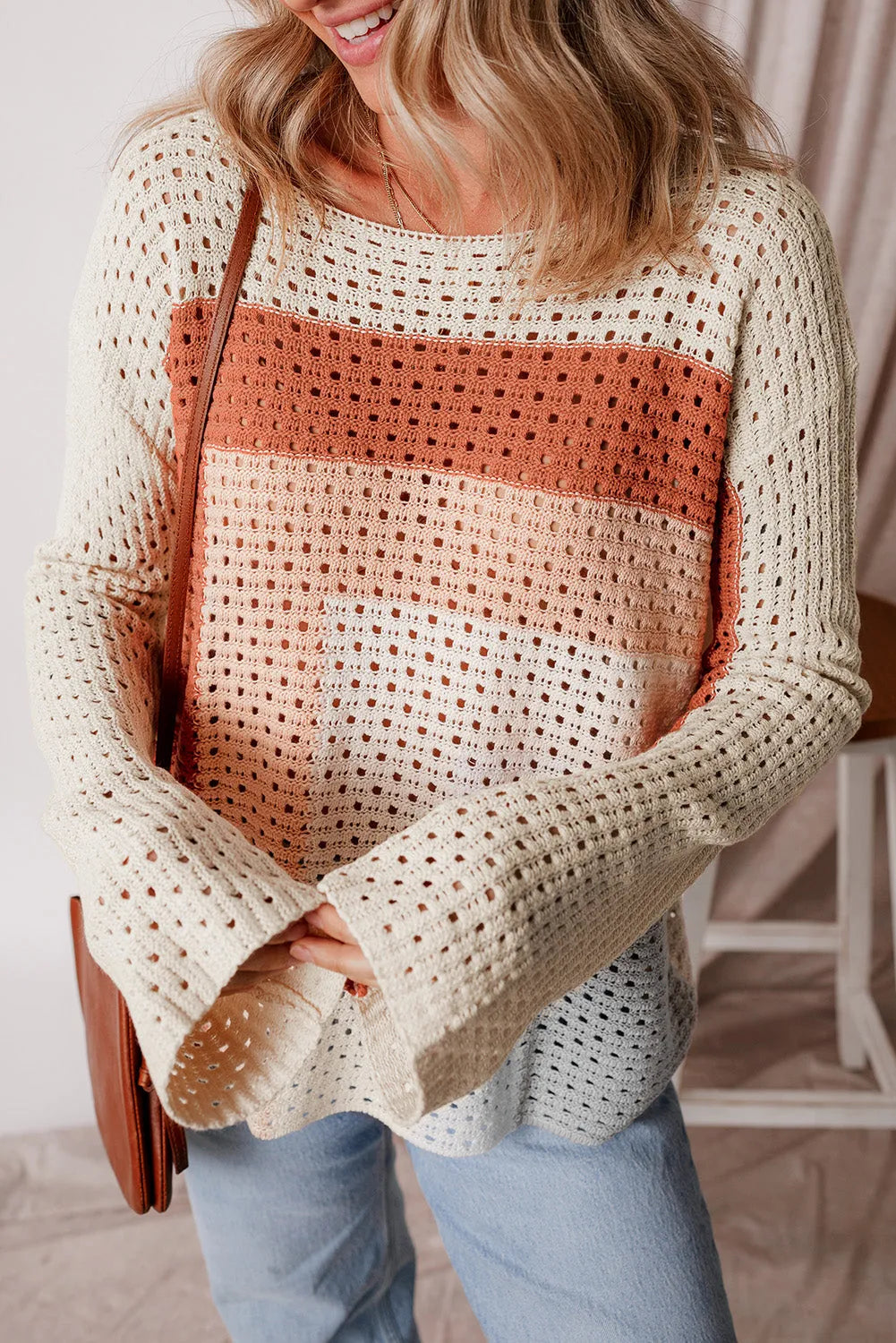 Apricot Pointelle Knit Colorblock Baggy Sweater - Chic Meadow Boutique 