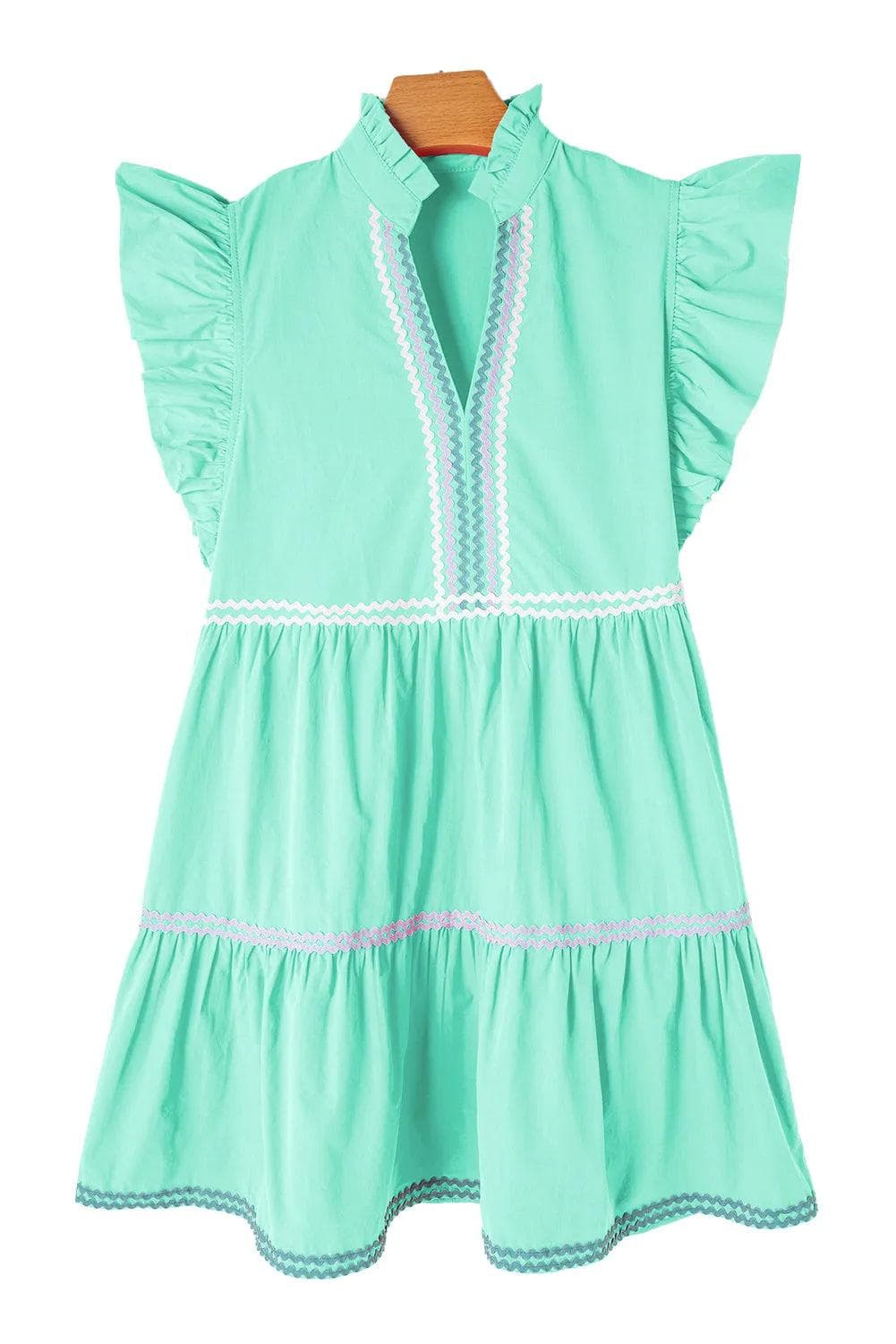 Dresses/Mini Dresses Mint Green Ric Rac Colorblock Flutter Sleeve V Neck Tiered Dress