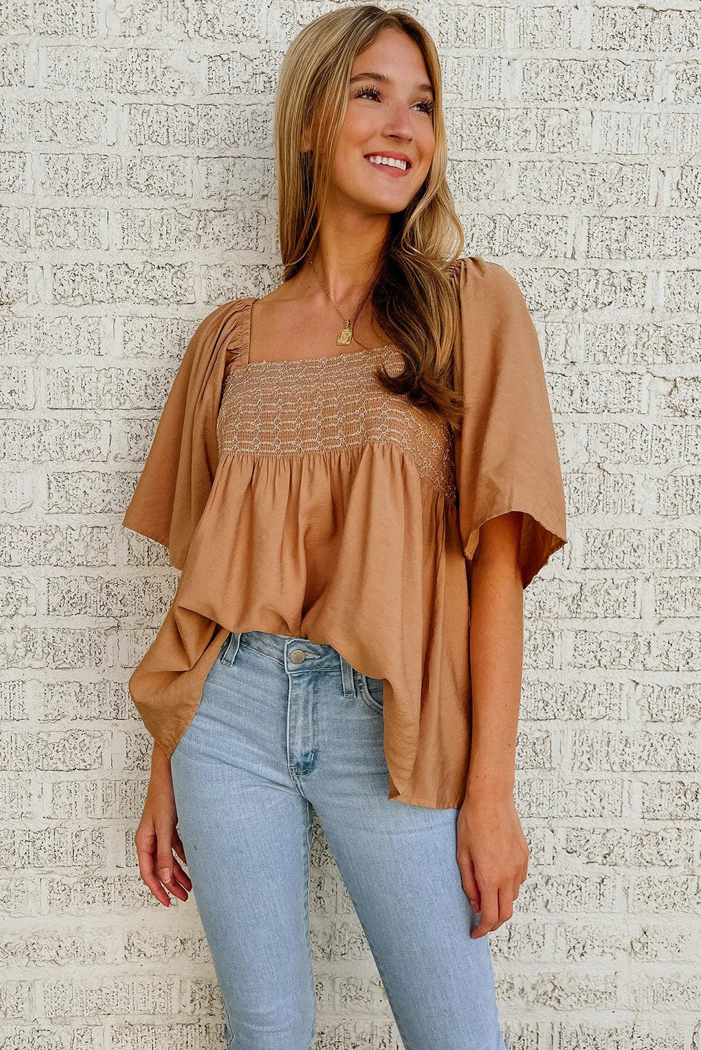 Brown Square Neck Wide Sleeves Flowy Top - Chic Meadow Boutique 