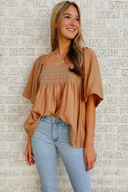 Brown Square Neck Wide Sleeves Flowy Top - Chic Meadow Boutique 