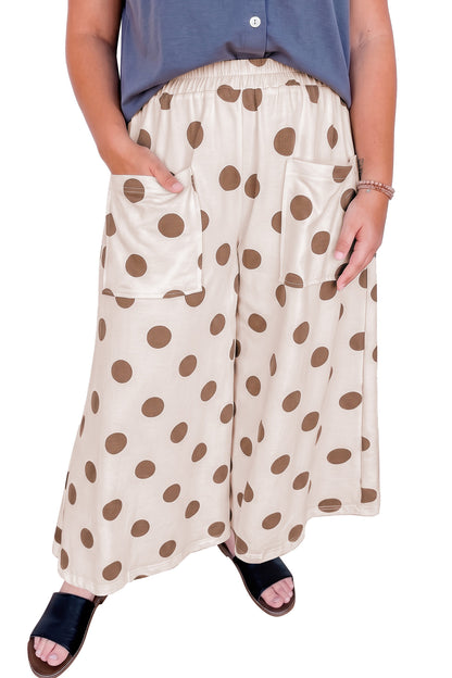 Khaki Polka Dot Elastic Waist Wide Leg Plus Size Pants
