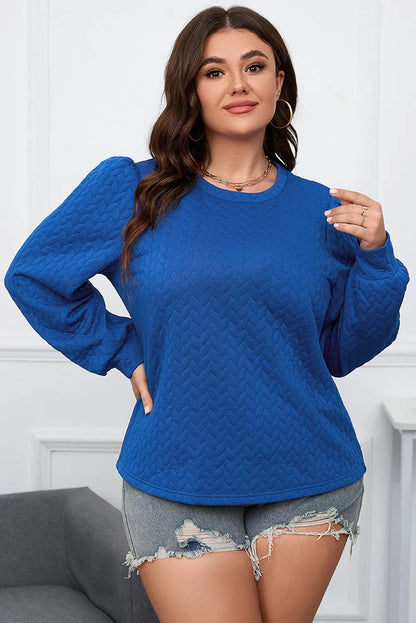 Dark Blue Cable Pattern Puff Sleeve Plus Size Top - Chic Meadow Boutique 