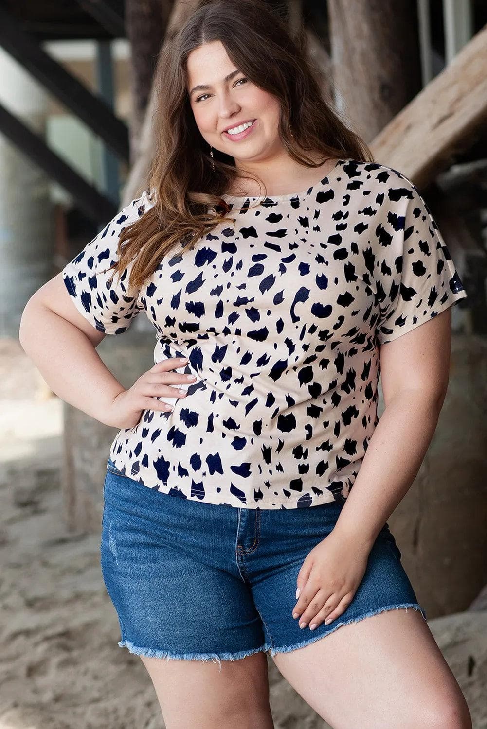 Plus Size/Plus Size Tops/Plus Size Tops & Tees Khaki / 1X / 95%Polyester+5%Elastane Khaki Leopard Print Twist Open Back Plus Size Top