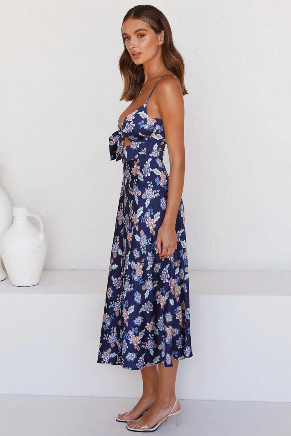 Blue Floral Print Bust Knot Long Dress with Slit - Chic Meadow Boutique 