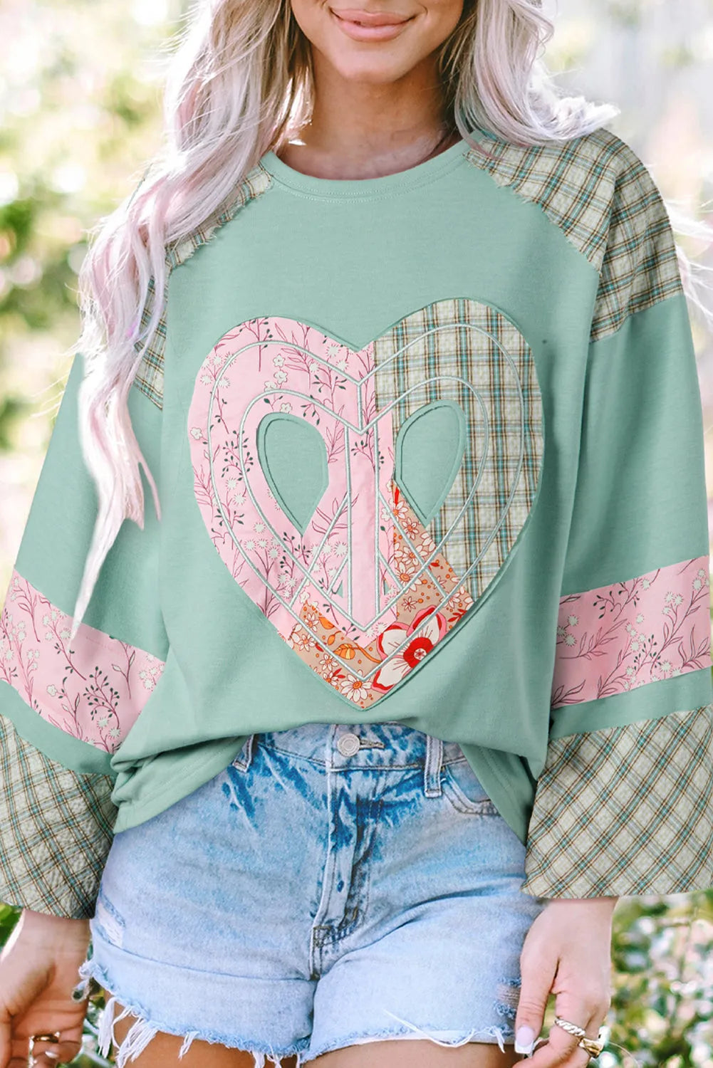 Clearly Aqua Plaid Floral Peace Heart Graphic Wide Long Sleeve Top - Chic Meadow Boutique 