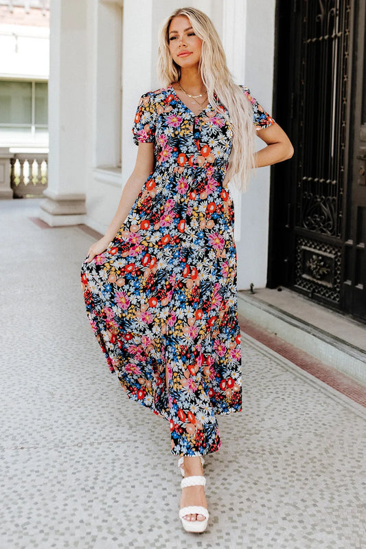 Black Short Sleeve Boho Floral Pattern Tiered Maxi Dress - Chic Meadow Boutique 