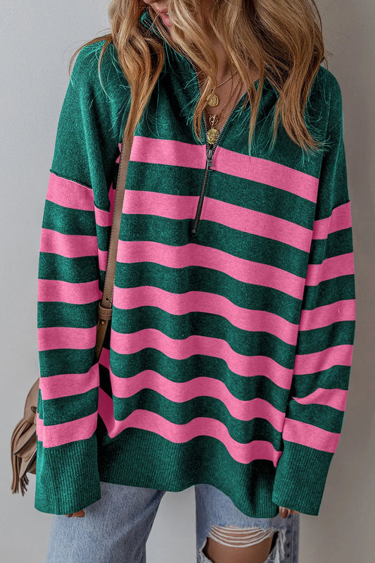 Green Collared Quarter Zipper Oversized Sweater - Chic Meadow Boutique 