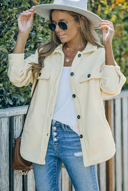 Beige Turn Down Collar Buttoned Shirt Jacket - Chic Meadow Boutique 