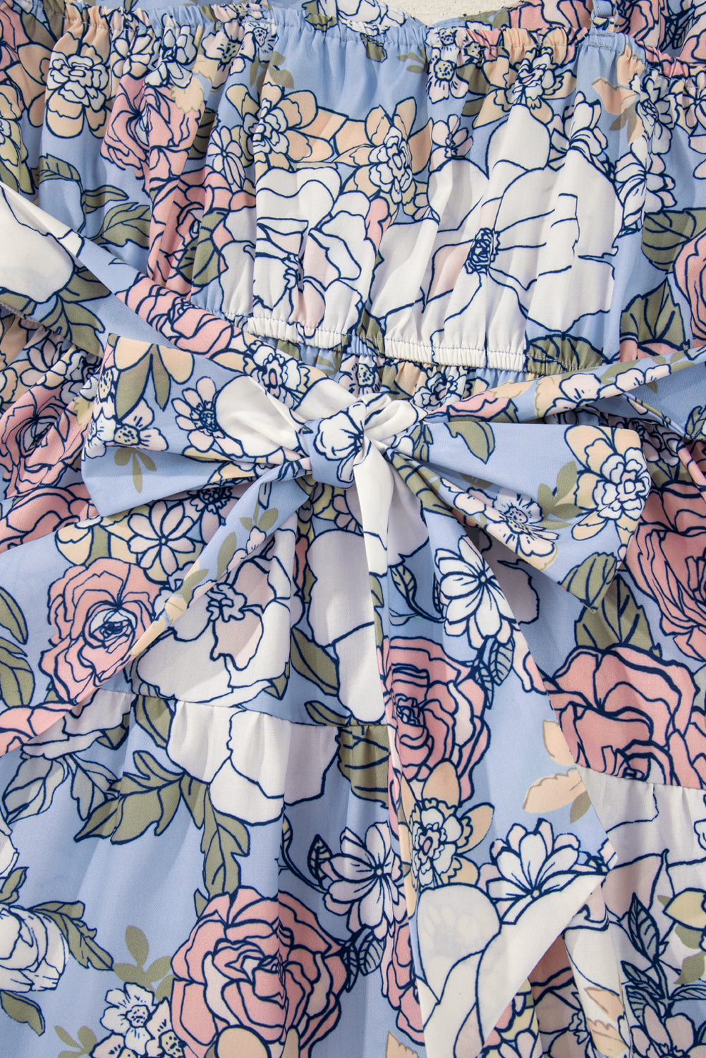 Sky Blue Floral Tiered Patchwork Spaghetti Strap Vacation Dress