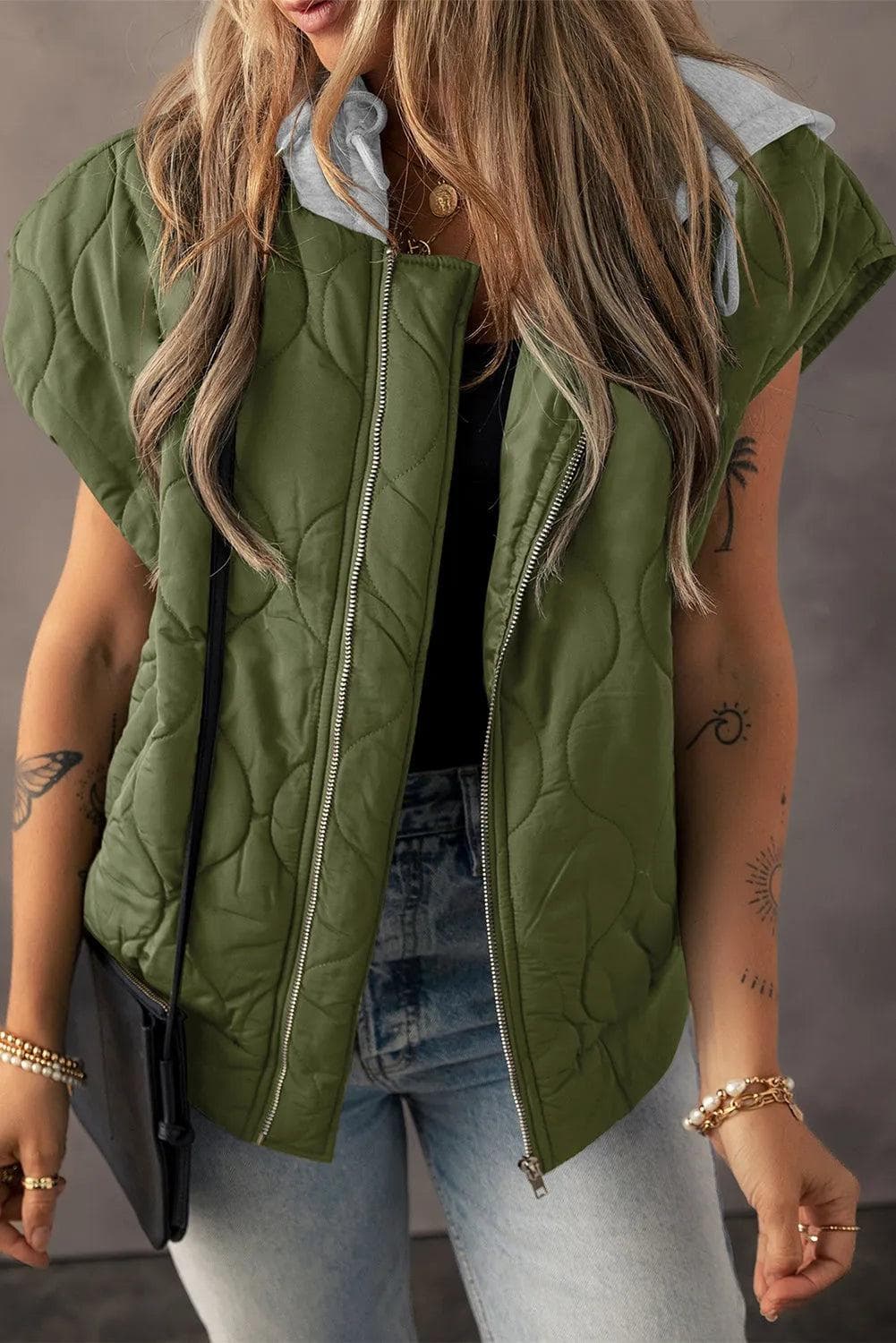 Outerwear/Vests Jungle Green / S / 100%Polyester Jungle Green Quilted Drawstring Hooded Zip Up Puffer Vest