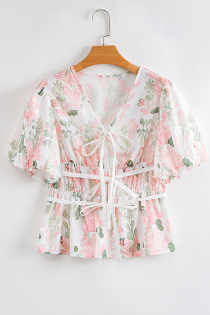 Pink Floral Puff Sleeve V Neck Tied Front Peplum Blouse