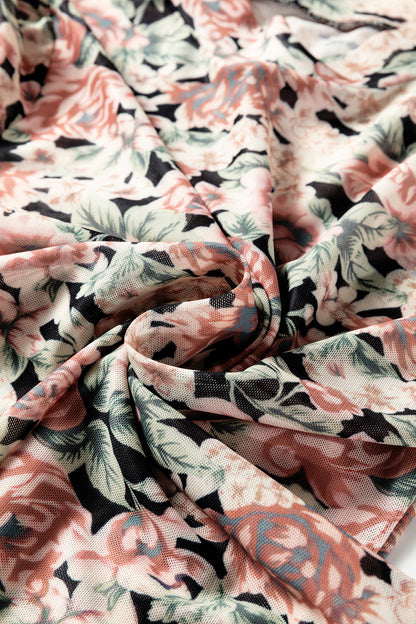 White Retro Floral Print Mock Neck Mesh Long Sleeve Top