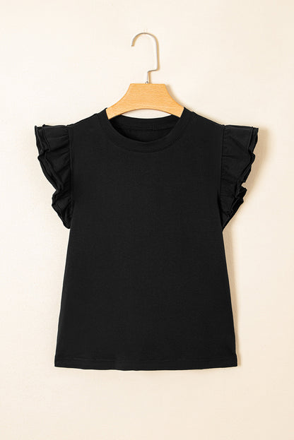 Black Ruffled Crew Neck Slim Fit Top