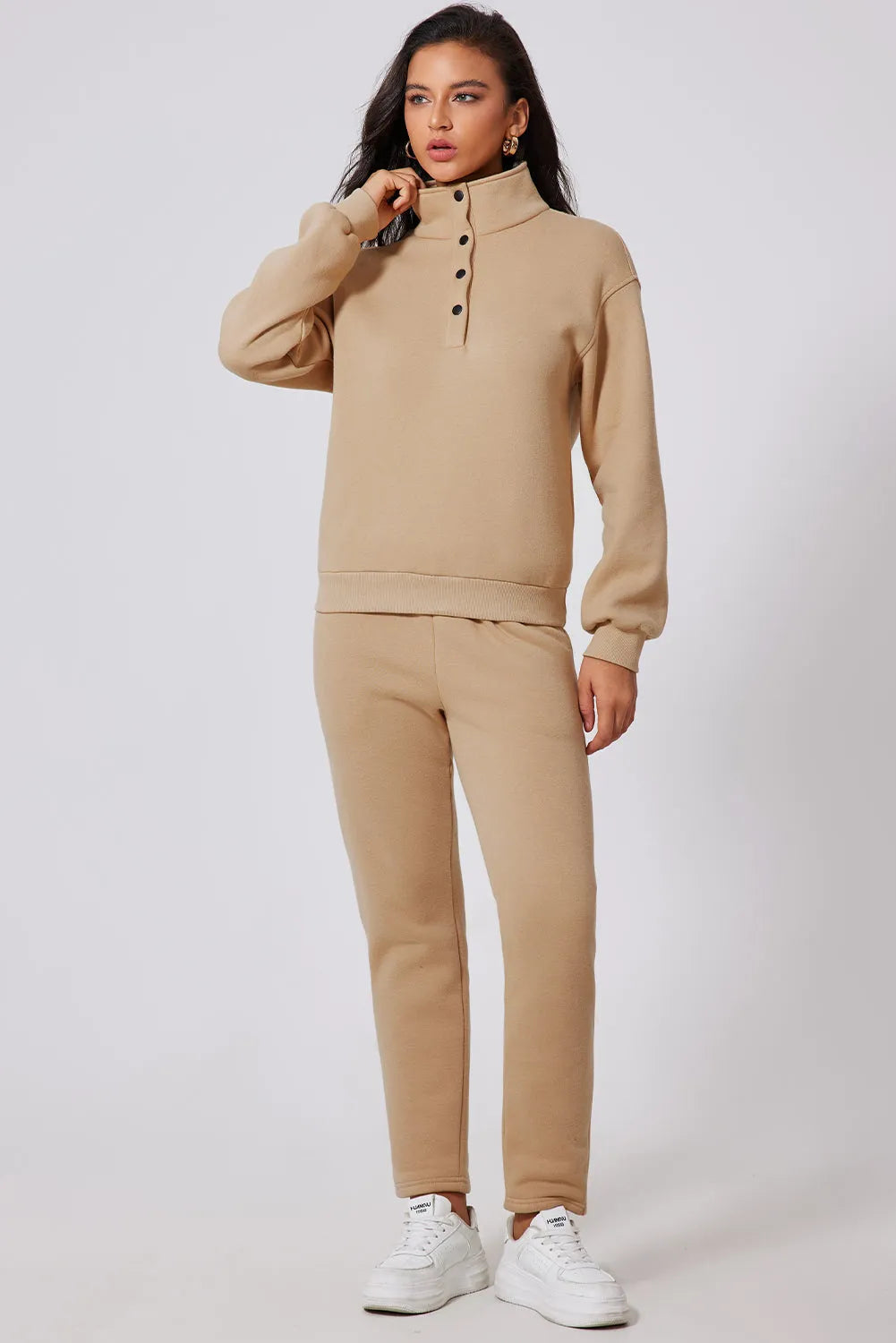 Parchment Solid Half Button Sweatshirt and High Waist Sweatpants Set - Chic Meadow Boutique 