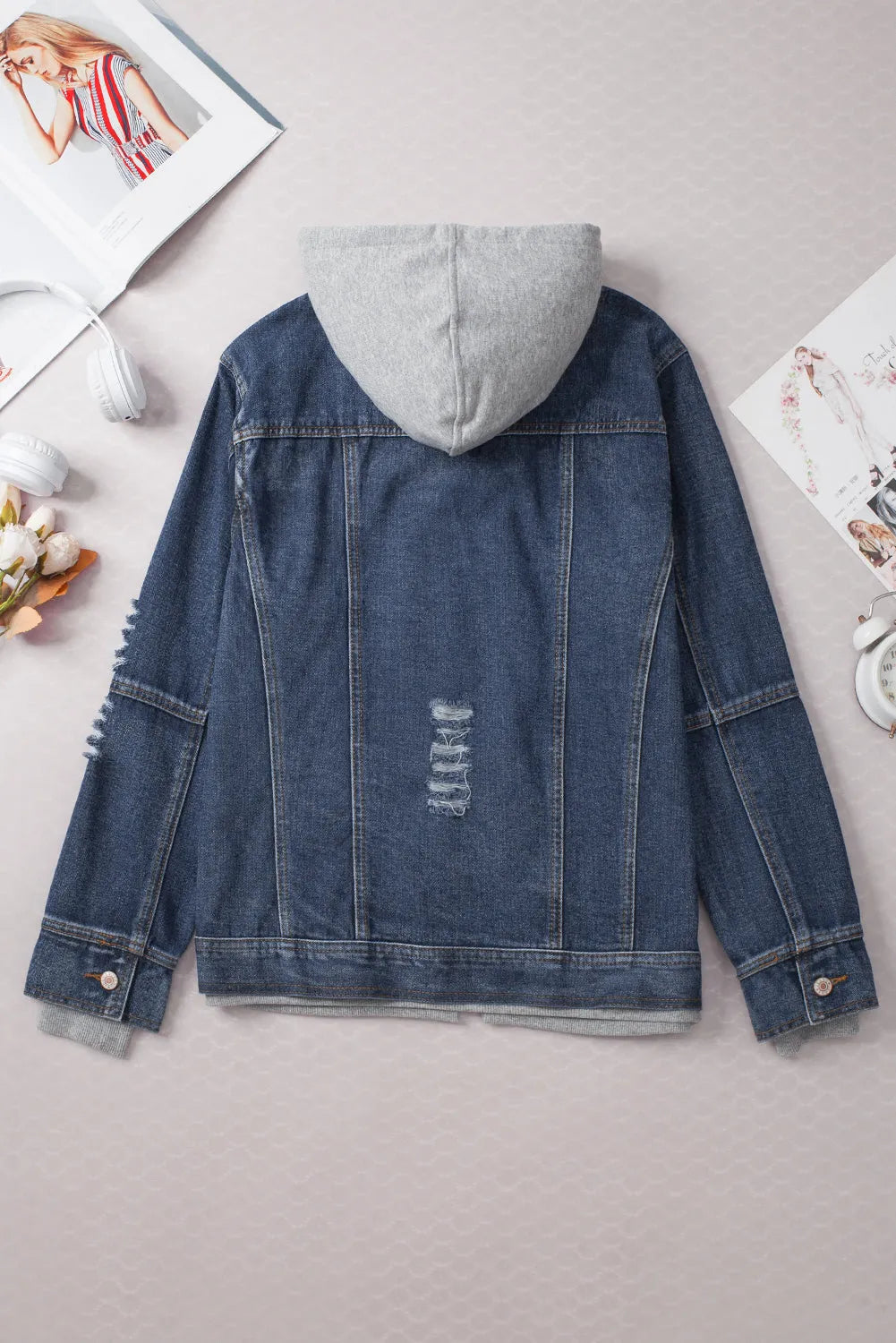 Dark Blue Fake Two-Piece Hooded Zip-Up Denim Jacket - Chic Meadow Boutique 