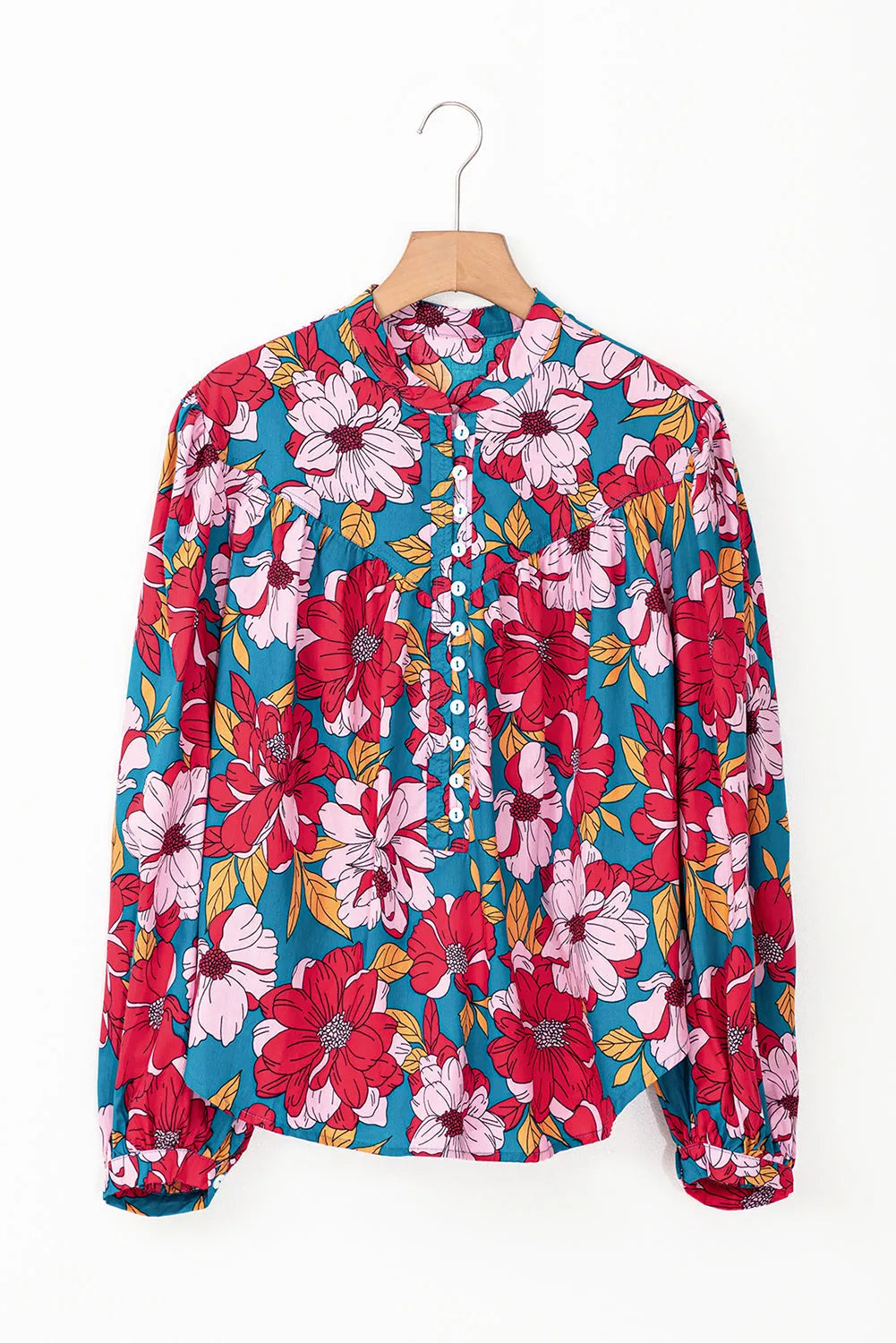 Red Floral Printed Balloon Sleeve Half Buttons Blouse - Chic Meadow Boutique 