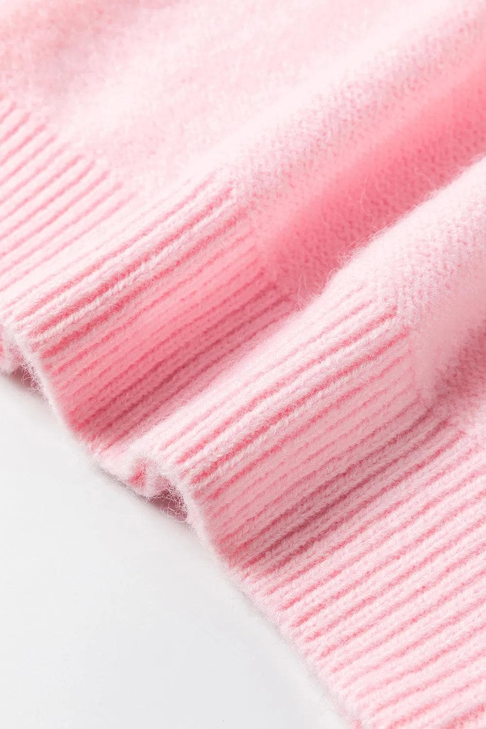 Sweaters & Cardigans/Sweaters Pink Knitted Flower Pattern Ribbed Edge Sweater