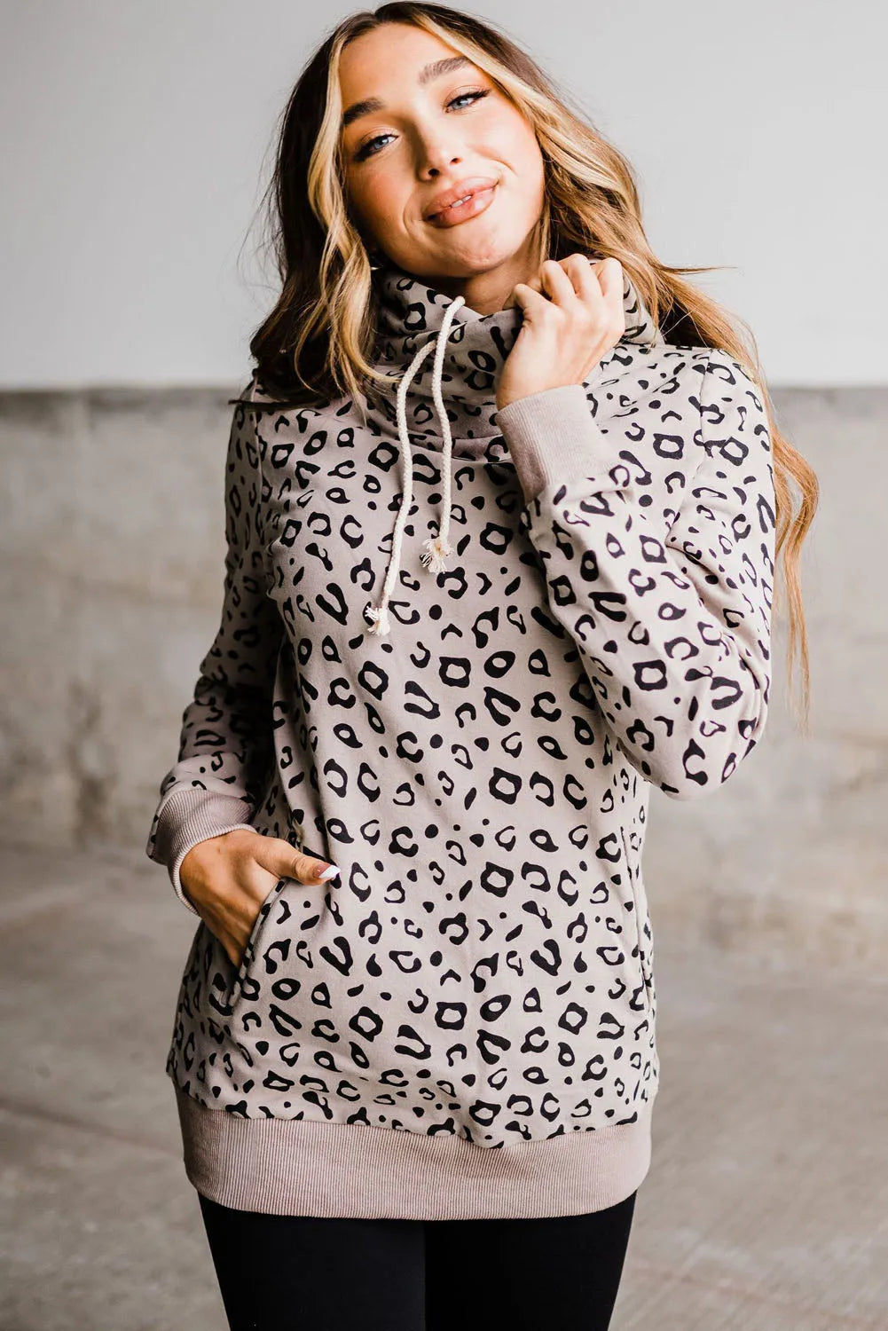 Leopard Kangaroo Pocket Drawstring High Neck Hoodie - Chic Meadow Boutique 