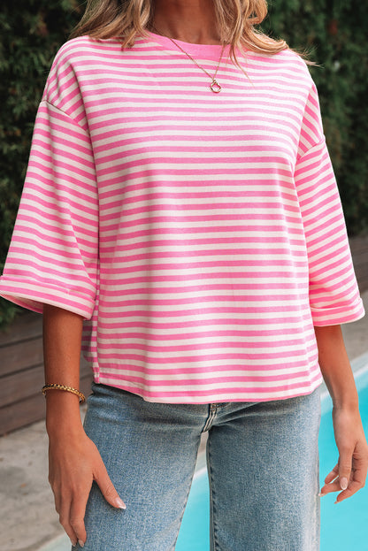 Pink Stripe Bowknot Cutout Back Drop Shoulder Wide Bracelet Sleeve Loose Tee