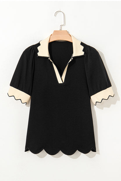 Black Color Contrast Collared V Neck Puff Sleeve Blouse