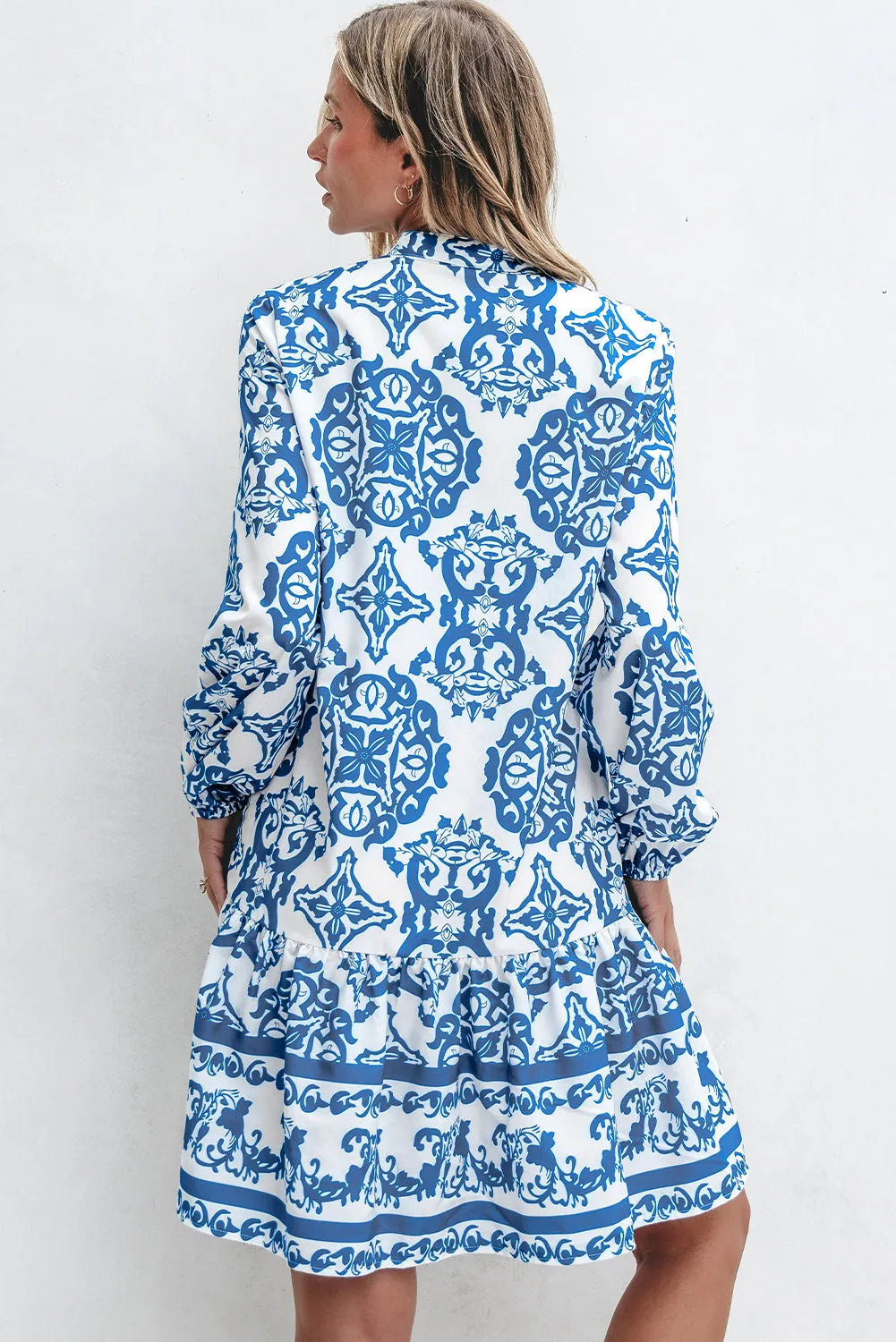 Sky Blue Tribal Print Button Up Notch Neck Loose Mini Dress - Chic Meadow Boutique 