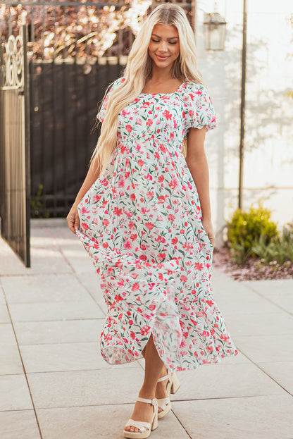 Pink Floral Puff Sleeve Square Neck Empire Waist Tiered Maxi Dress