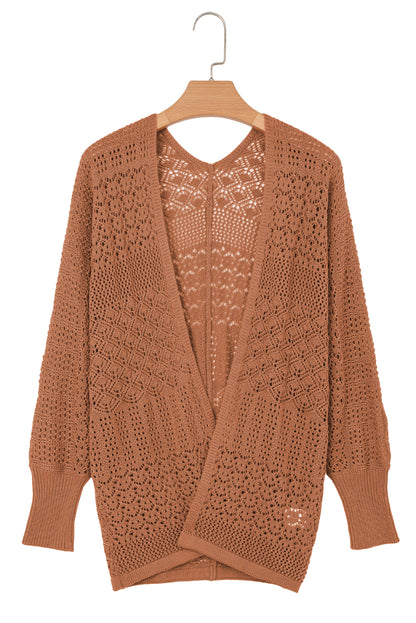 Redwood Burl Mix Pattern Hollowed Knit Open Front Cardigan