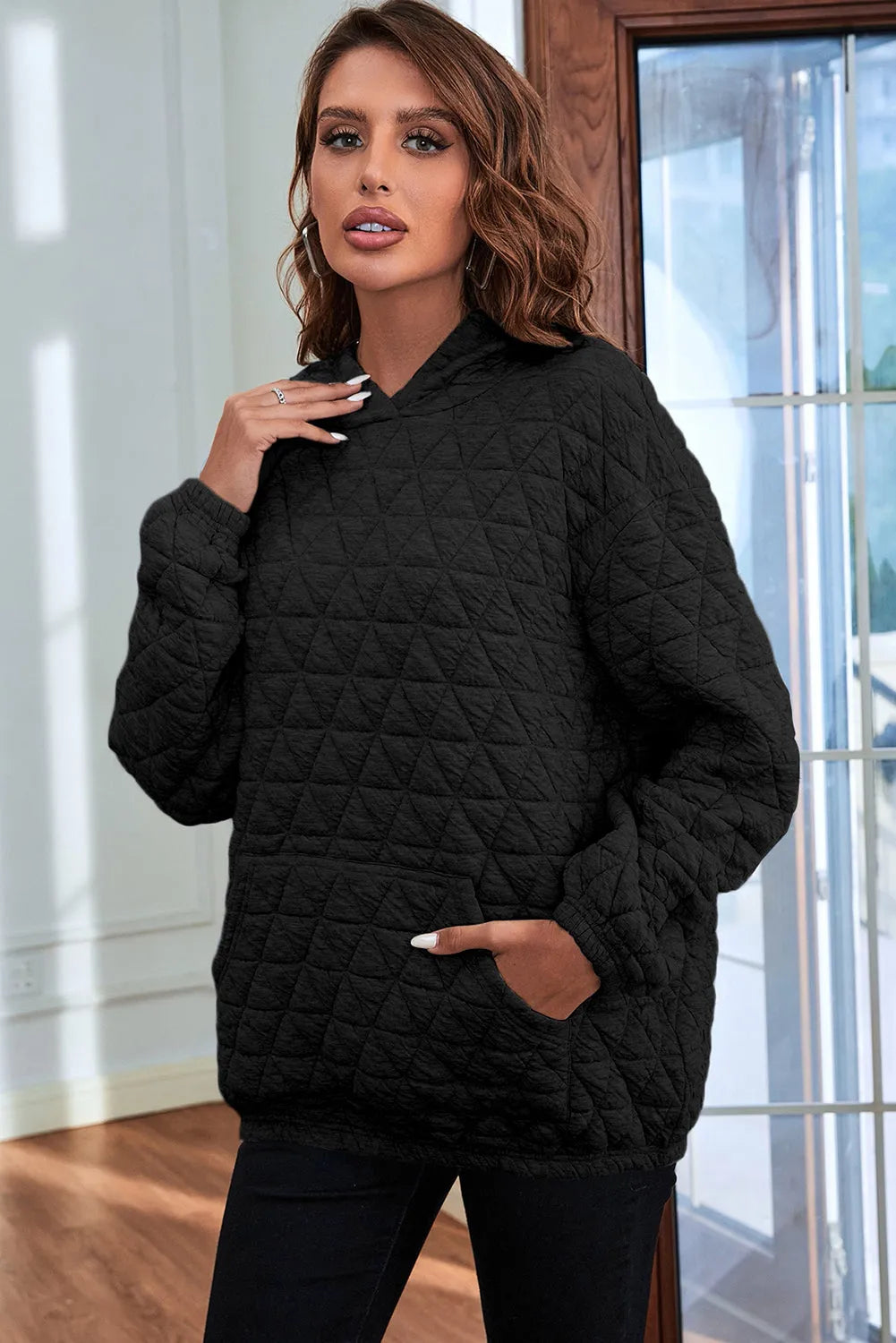 Black Solid Color Quilted Kangaroo Pocket Hoodie - Chic Meadow Boutique 