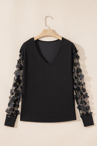 Black Flower Applique Mesh Long Sleeve V Neck Blouse