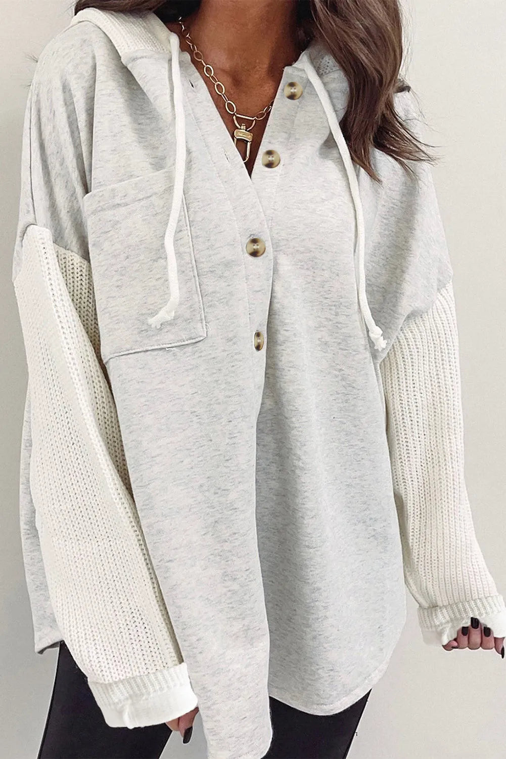 Gray Button Up Contrast Knitted Sleeves Hooded Jacket - Chic Meadow Boutique 