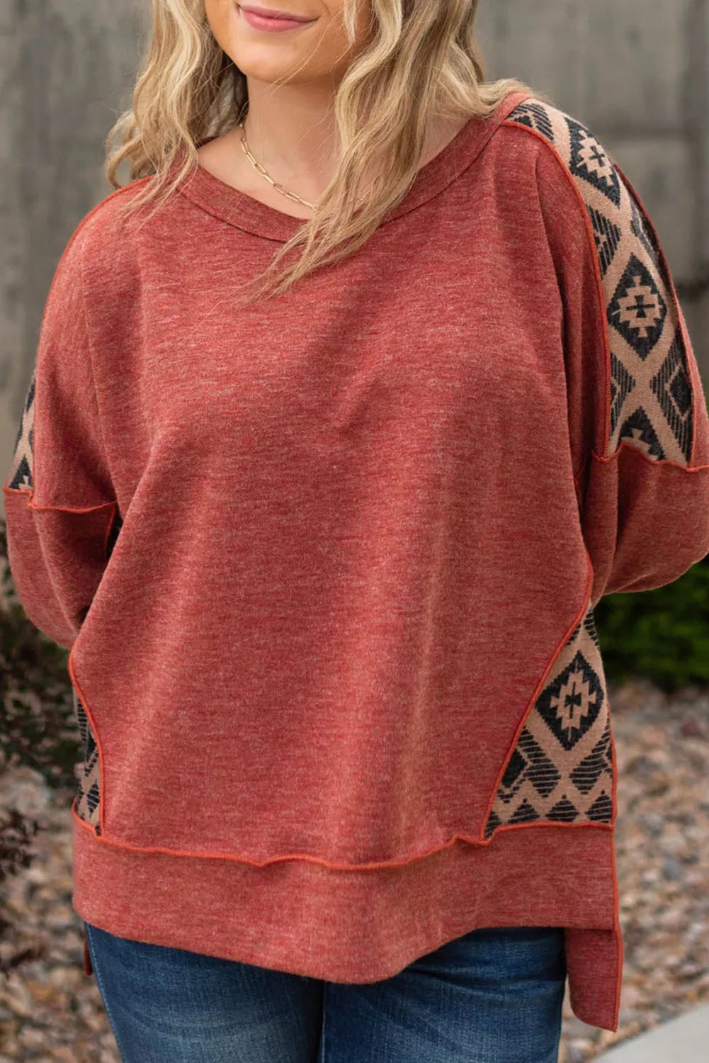 Redwood Burl Aztec Patchwork Drop Shoulder Plus Size High Low Sweatshirt - Chic Meadow Boutique 