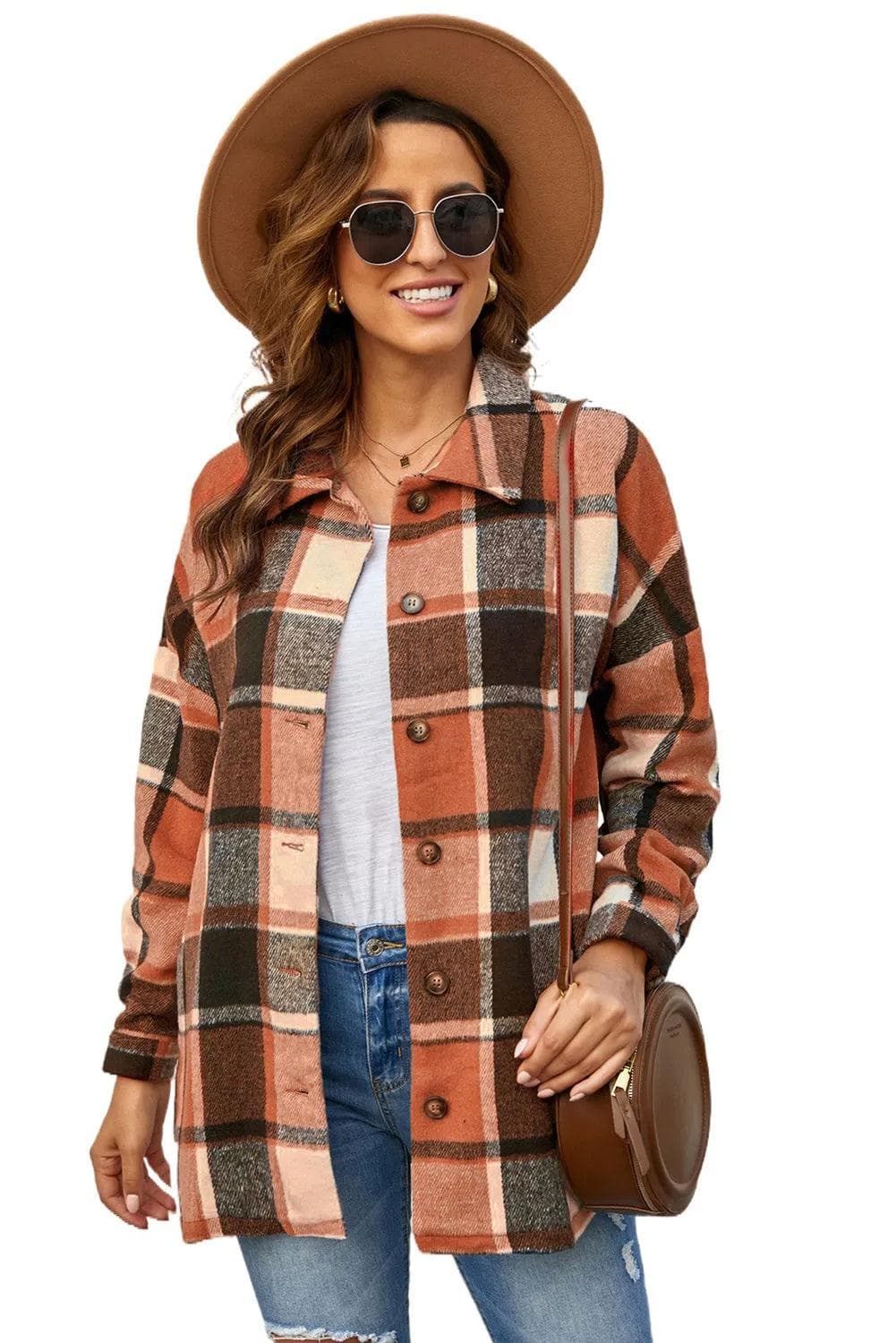 Outerwear/Jackets Orange Plaid Print Buttoned Shirt Jacket