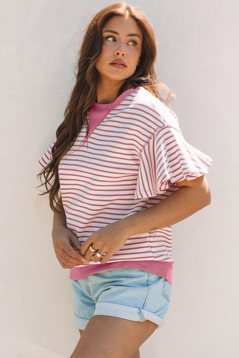 Sachet Pink Contrast Detail Striped Ruffle Short Sleeve Top